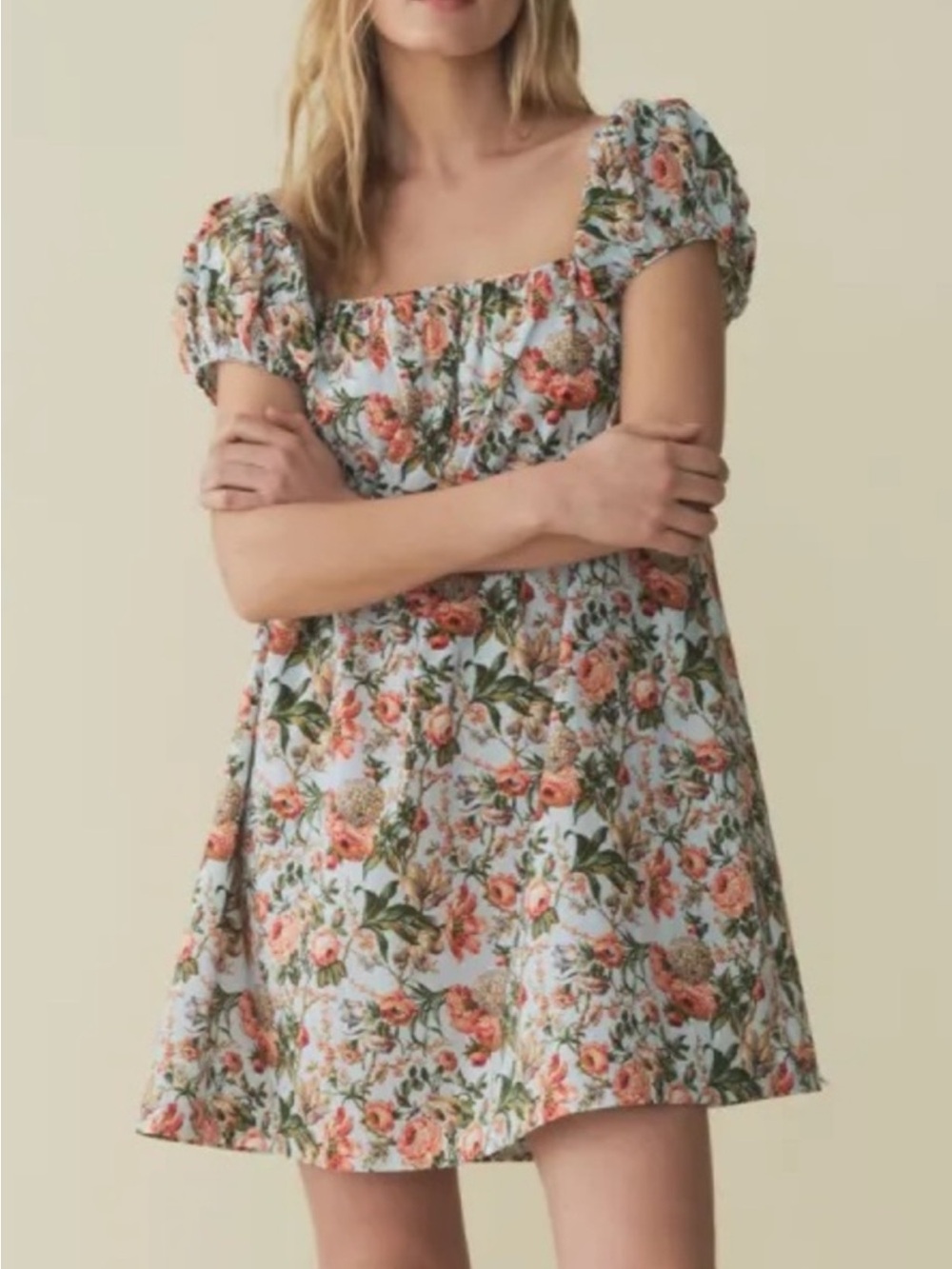 Doen Julie Dress, Puff-Sleeve Square-Neck Dress, Light Blue with Coral Roses